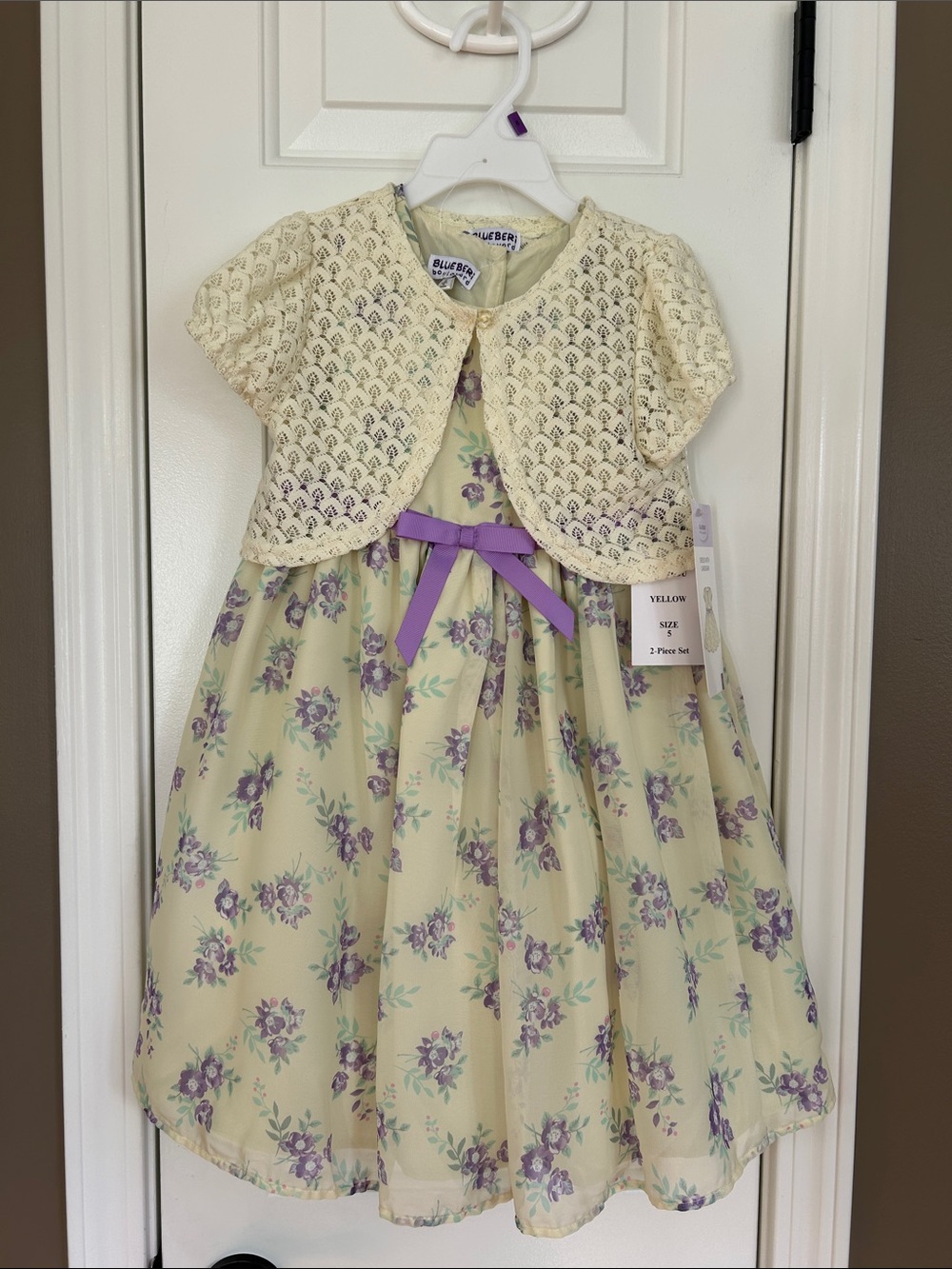 Blueberi Boulevard Yellow Floral Dress with Cream Lace Bolero and Purple Ribbon